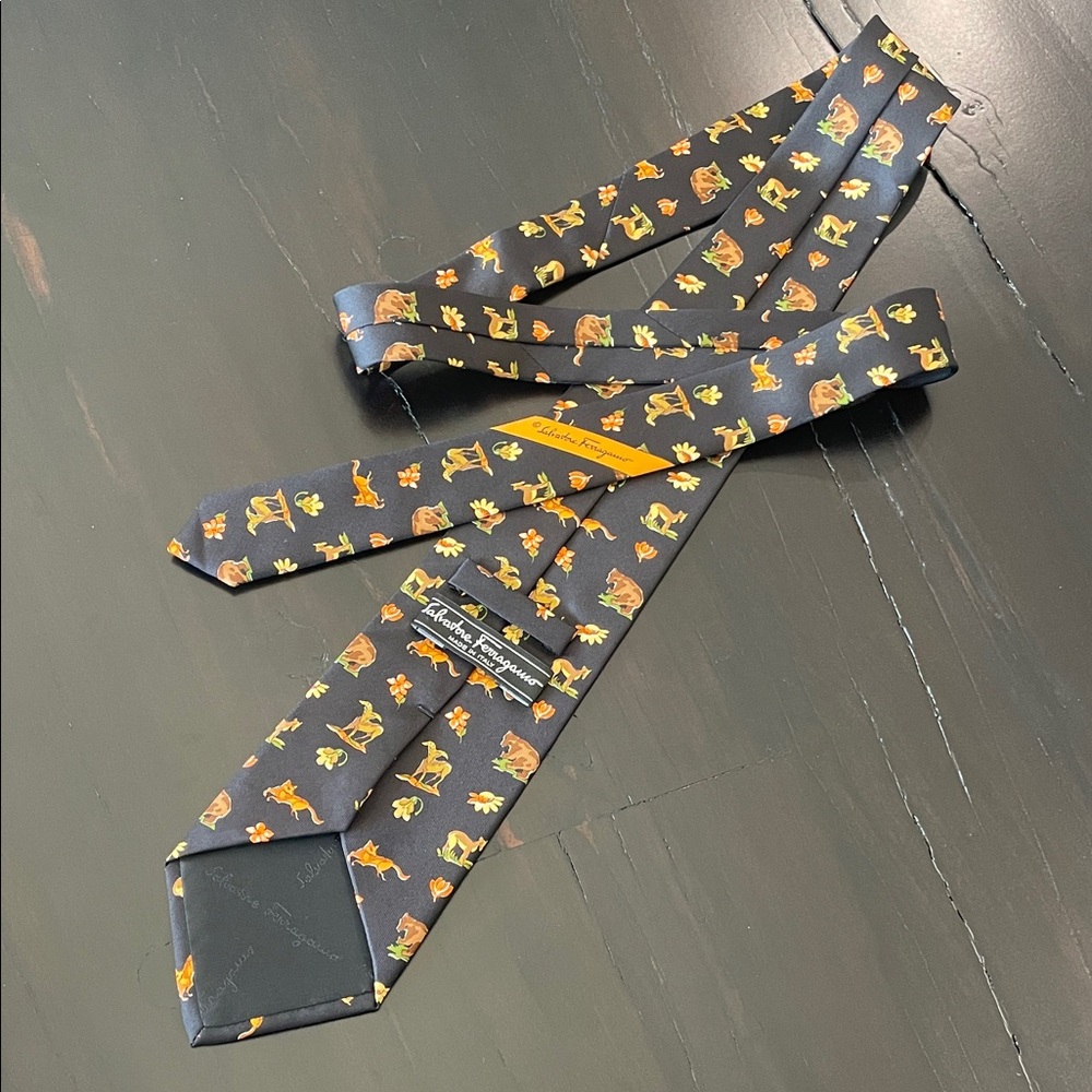 Salvatore Ferragamo Black Silk Tie with Orange and Yellow Motifs